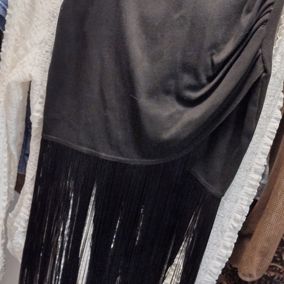 VINTAGE Black Fringe Skirt 90 S_Contempo Casuals SZ Large Stretch/ See Pics Rare - Picture 2 of 14